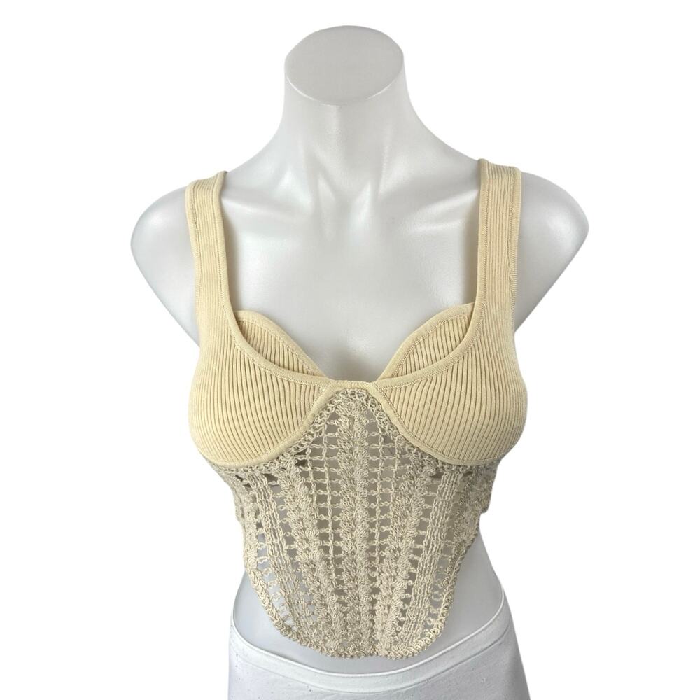 Commense Cream Sleeveless Crochet Rib Knit Cami Corset Bustier Crop Tank Top S